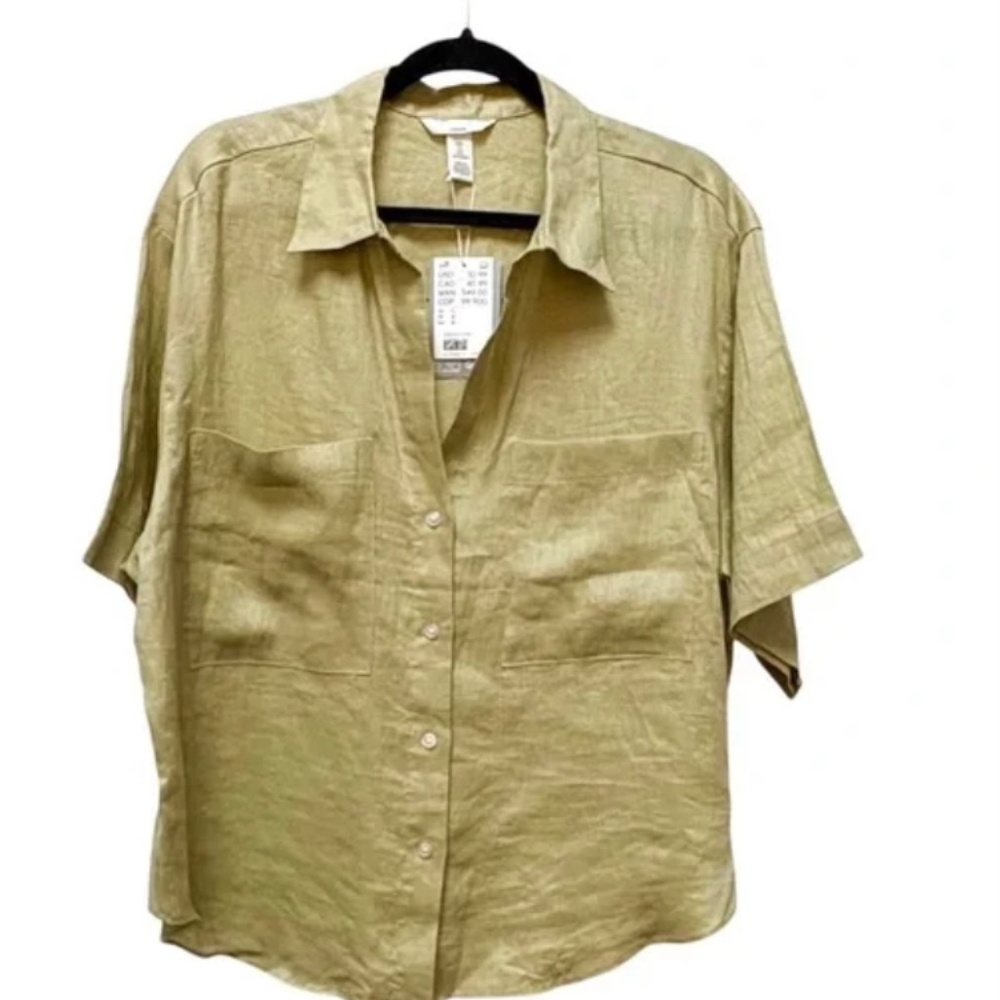 H&M Tan Short Sleeve Button Down Shirt Relaxed Fit Size Large